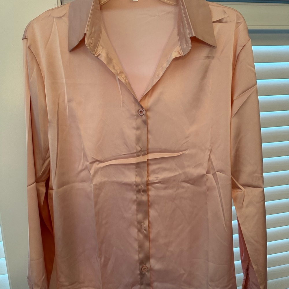 Silky Pink Button Up Blouse w/ Collar
